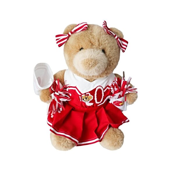 Vintage Build A Bear Cheerleader Bear Red White Cheer Outfit Pom Poms Megaphone - Picture 1 of 6